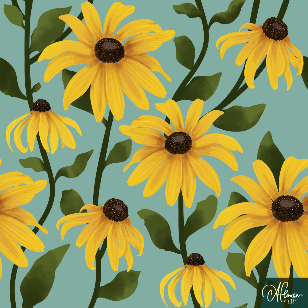 A floral seamless pattern featuring bright yellow black-eyed susans on a teal background