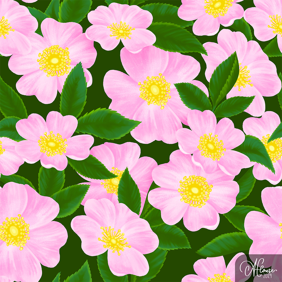 A seamless digital floral pattern featuring prairie rose flowers