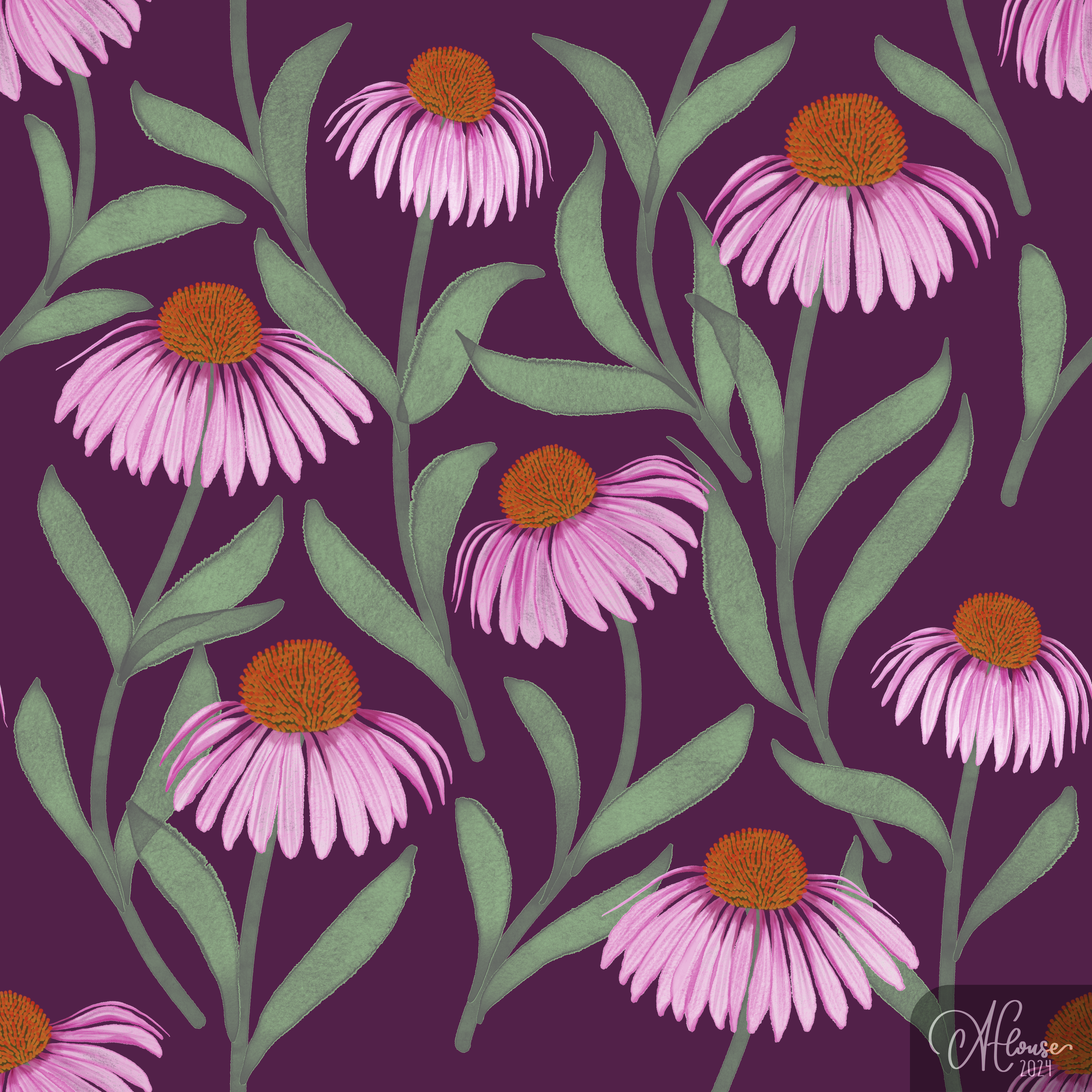 A seamless purple coneflower digital pattern