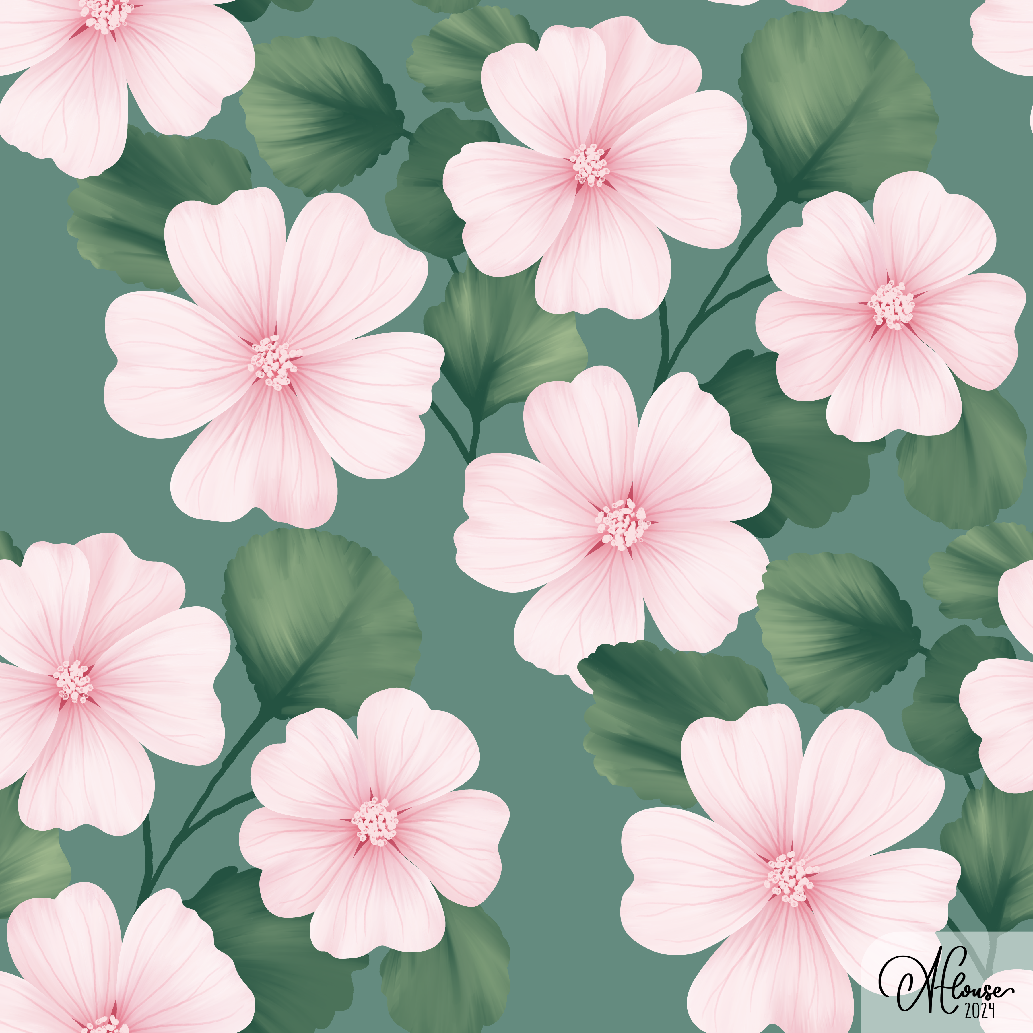 A seamless digital pattern featuring spanish mallow flowers on a teal background